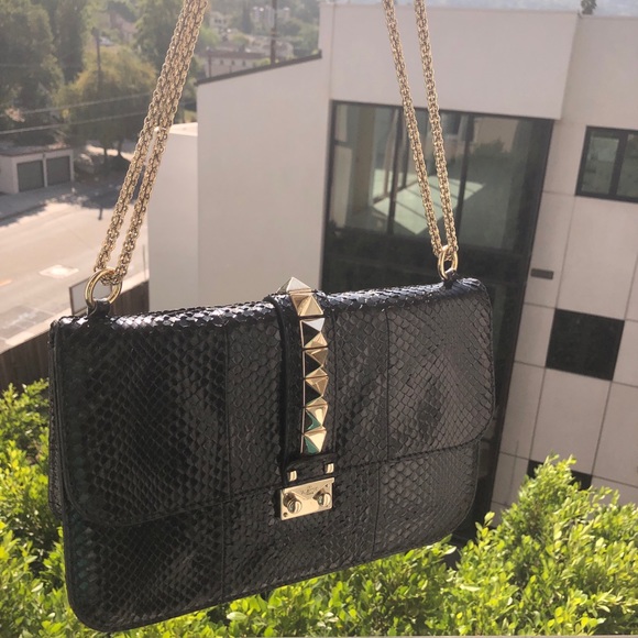 VALENTINO BLACK PYTHON ROCKSTUD BAG GOLD CHAIN - Picture 2 of 12